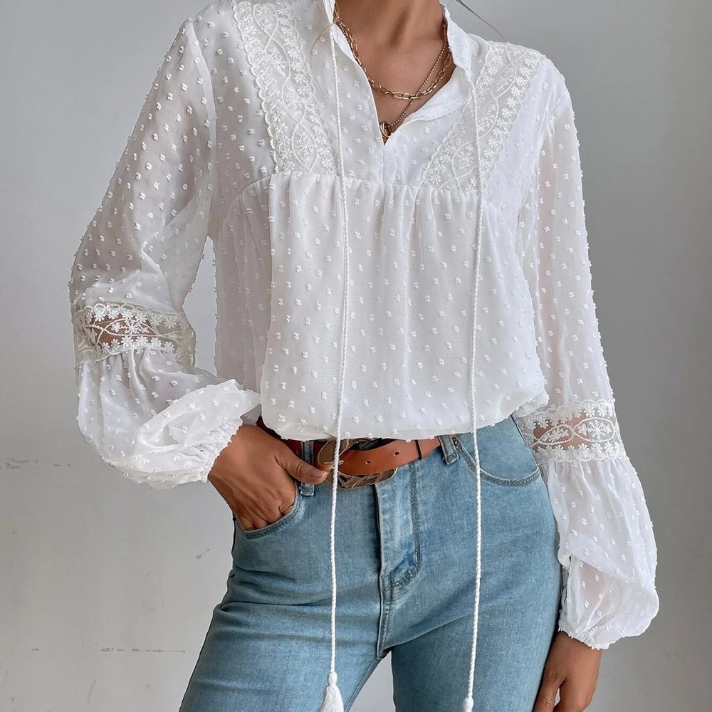 White Boho Womens Swiss Dot Embroidery Mesh Insert Lantern Sleeve Tassel Blouse - Picture 3 of 5
